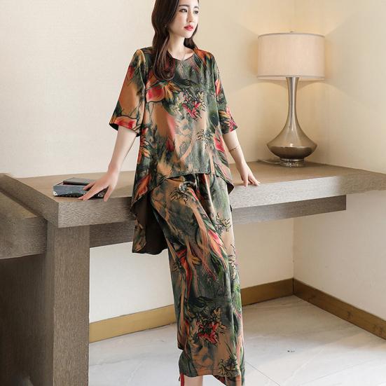 2Pcs/Set O-Neck Half Sleeve Casual Outfit High Low Hem Elastic Waistband Pockets Women Retro Pattern Long Top Wide Leg Pants Set Streetwear