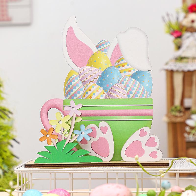 Easter Decorations - Multi-layered Easter Bunnies and Easter Eggs Wooden Display Pieces - Home Party Gifts