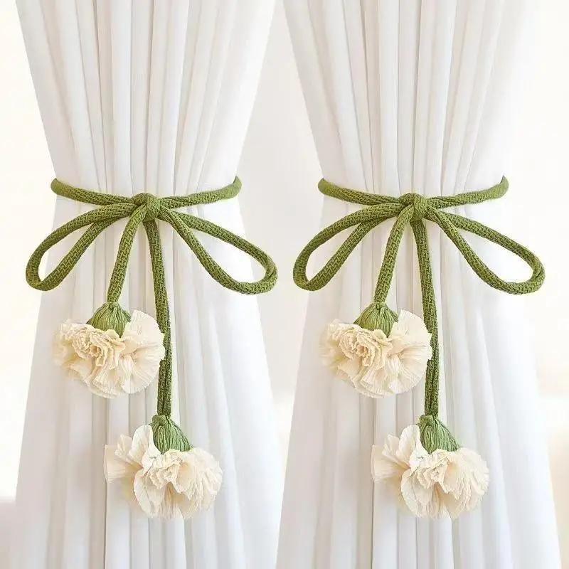 Elastic Band Curtain Tieback Flower Shape Adjustable Window Curtain Buckles Tassels No Punching Curtain Rope Holders Kids Room