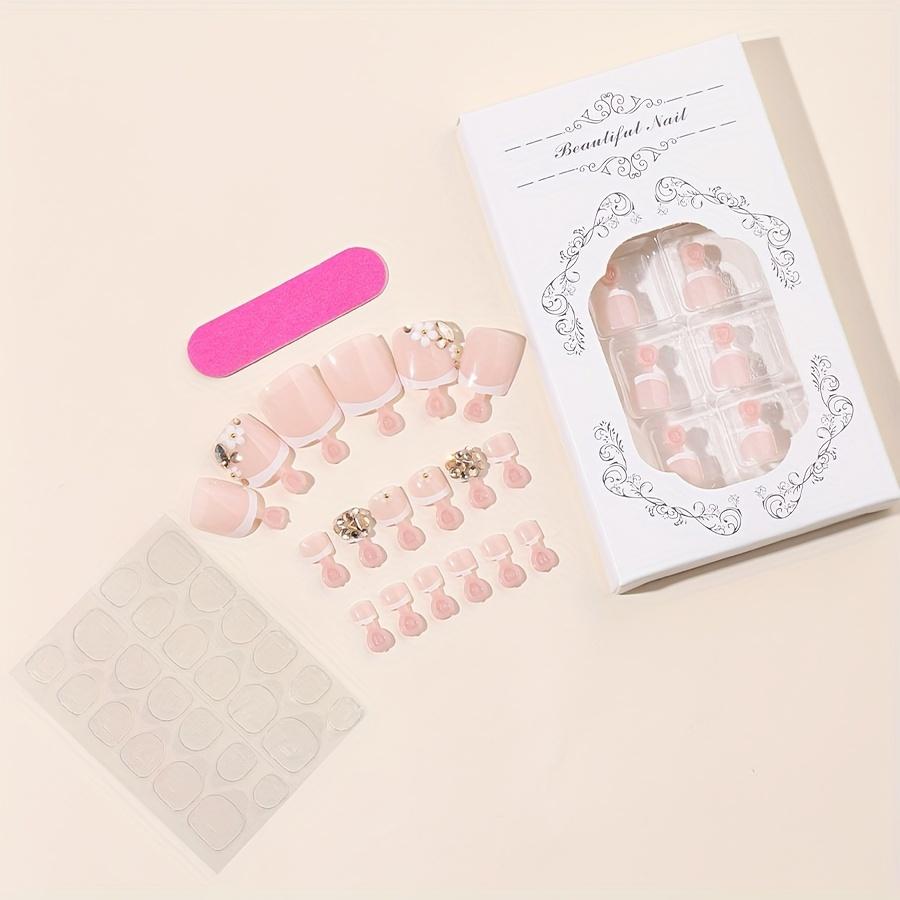 24pcs Elegant French Square Nail Patches, Mixed Color System, Short Length, Glossy Finish with 3D Rhinestone & Flower Design, Fashionable