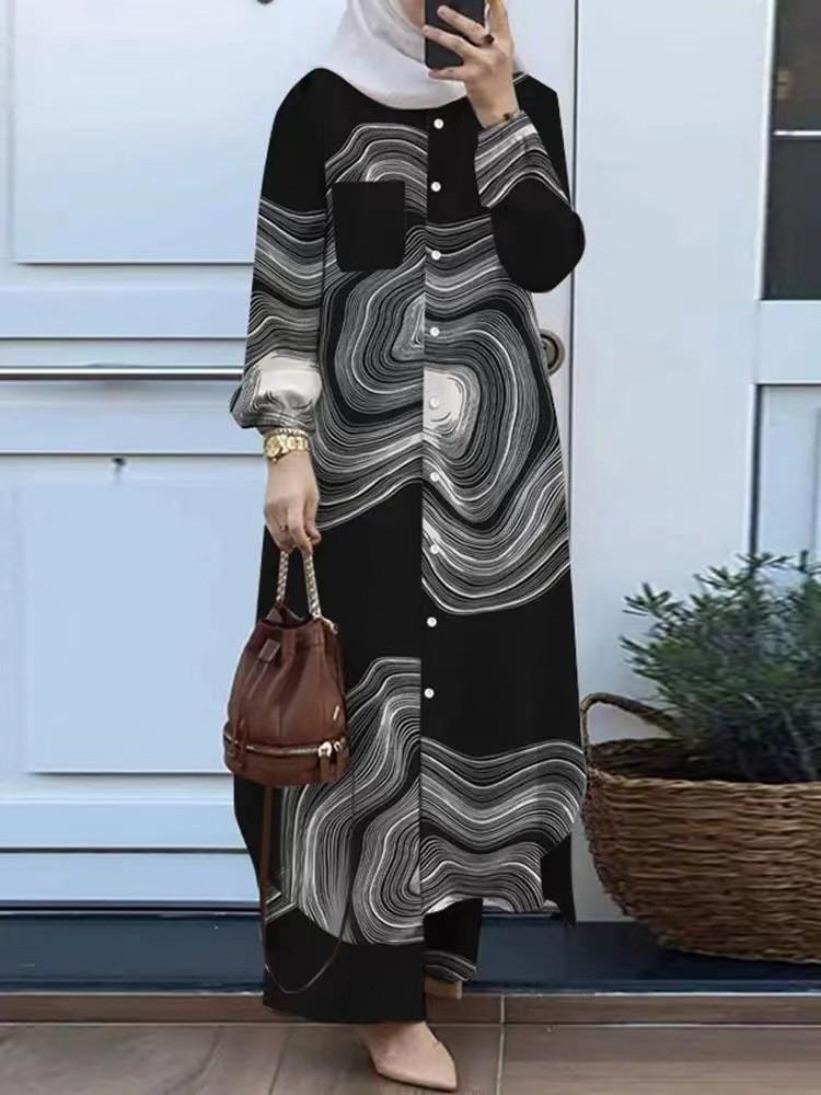 Costum retro din două piese pentru femei musulmane, cu imprimeu floral, cămașă lungă și pantaloni cu picior larg, 2026, pentru primăvară și toamnă