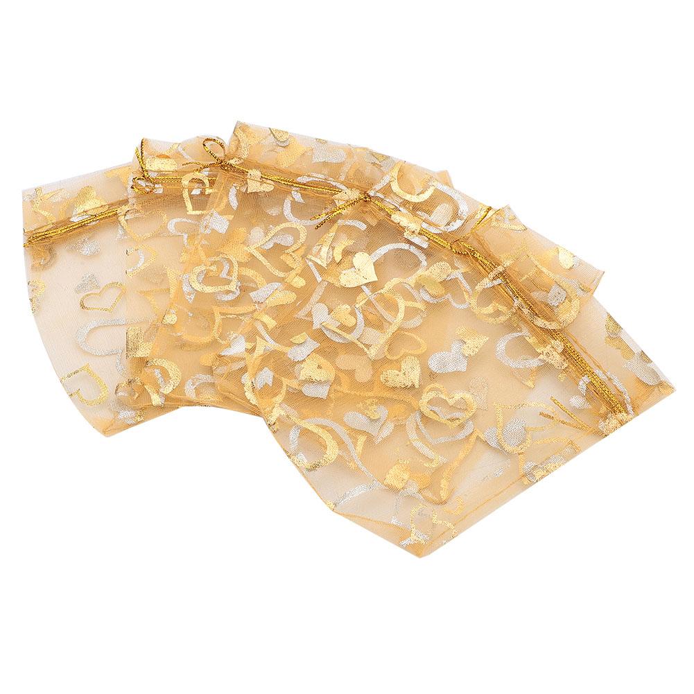 100 ks Síťovaný sáček Svatba Dárek Cukroví Šperky Pouzdro Stahovací sáčky 5 barev(Zlato)