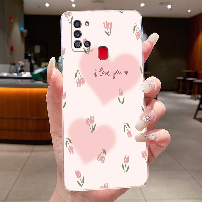 For Samsung Galaxy A21s Phone Case SM- A217F Capa Flower Butterfly Protective Thin Cases Transparent Soft Silicone TPU Cover