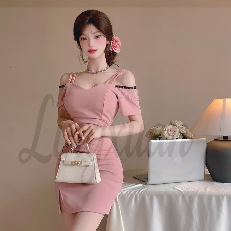 French Sexy Strappy Bodycon Skirt with Small Slit - Slim Fit, Short Style for Women Small розовый
