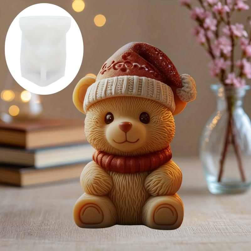 Niedlicher Bär Kerze Silikonform Tragen Weihnachtsmützen Lächeln Bär Harzform Weihnachtsgeschenk Hocke Sitzen Hut Bär Gipsformen