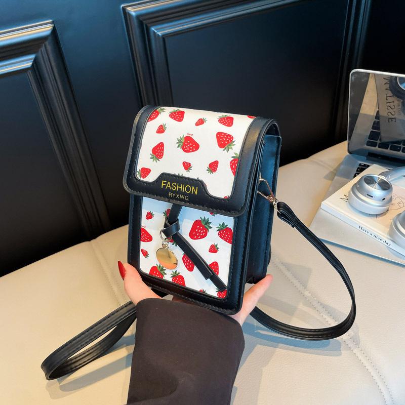 Light Blue Cherry Print Mini Crossbody Bag Cute PU Leather Phone Bag With Cherry Charm Daily Shopping Fashion Purse