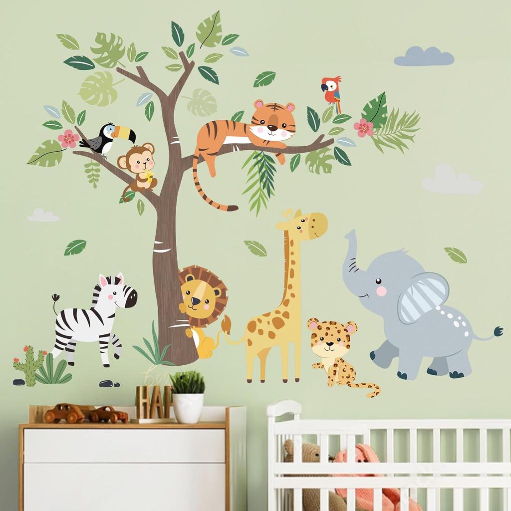 Jungle Animals Tree Wall Decals - Elephant Giraffe Lion Safari Stickers For Kids Room