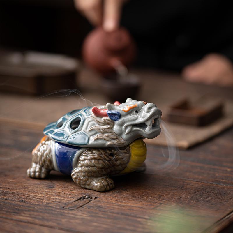 Ancient Doucai Dragon Turtle Incense Burner - Hand-painted Ceramic with Cultural Design