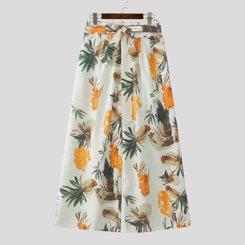 

INCERUN Мужской пояс-бант Эластичная талия Цветочный принт Повседневные Праздничные Длинные Брюки с широкими штанинами 3XL хаки