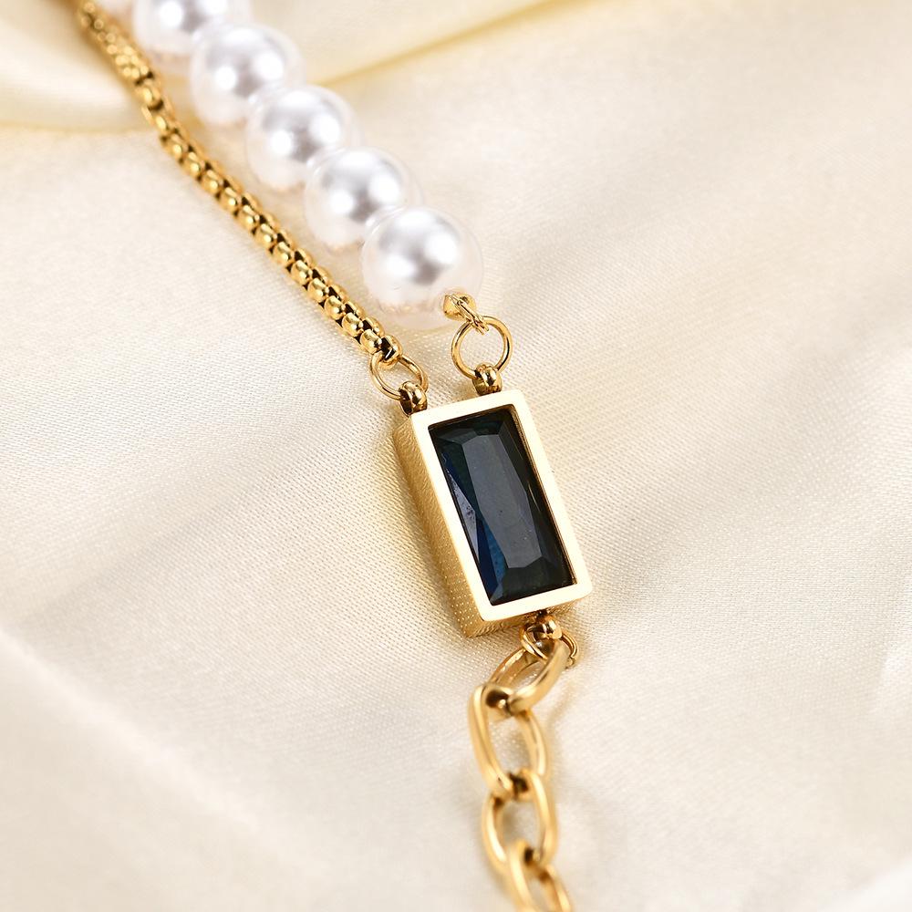 European-American Creative Rectangle Sapphire Pearl Chain Bracelet for Women