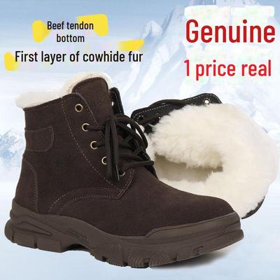 Men's Thick Fur-Lined Cowhide Winter Snow Boots with Steel Toe