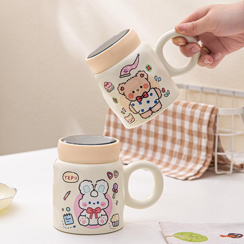 Mirror Covered Ceramic Cup with Lid Spoon Cartoon Mug Girl Cute Household Large Capacity Drinking Cup