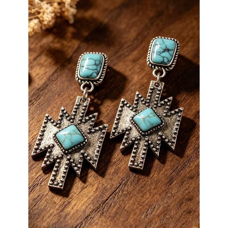1 Pair Western Style Artificial Turquoise Earrings, Antique Silver Geometric Cross Arrow Dangle Earrings