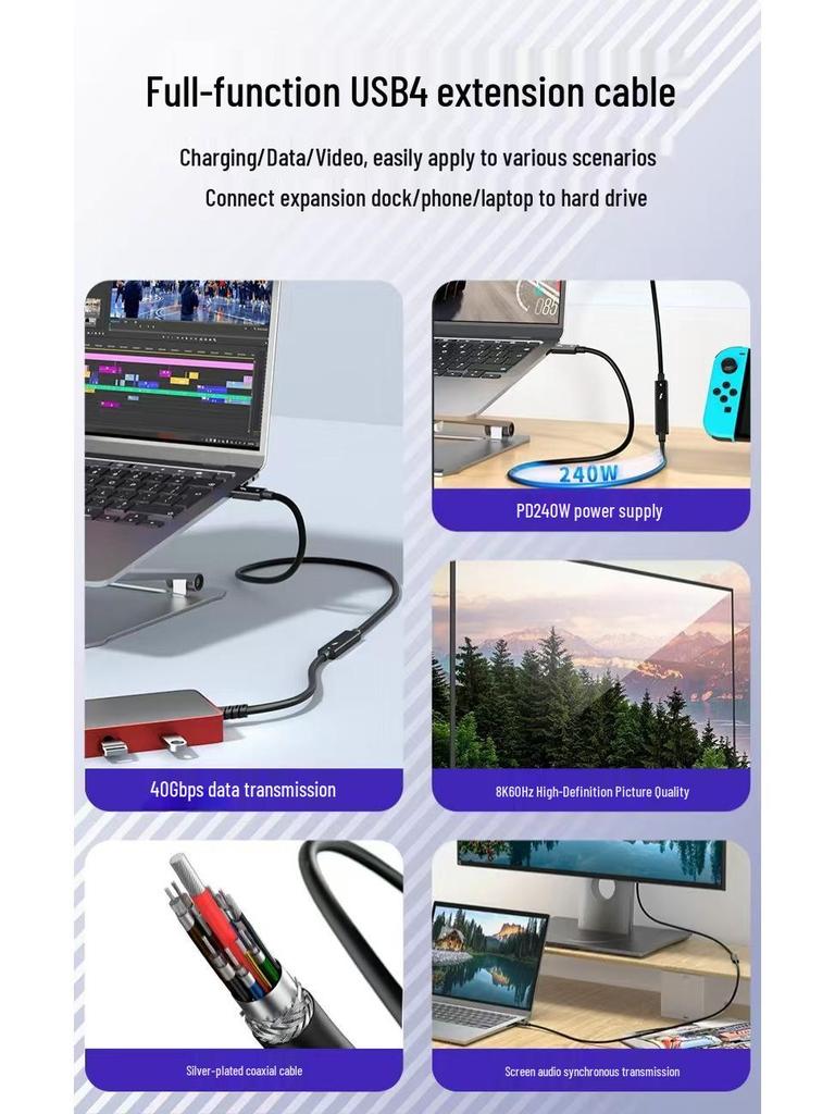 USB4 Male to Female Extension Cable, 240W Fast Charge, 40Gbps Transmission, Thunderbolt 4/3 Compatible, Type-C Data Cable.