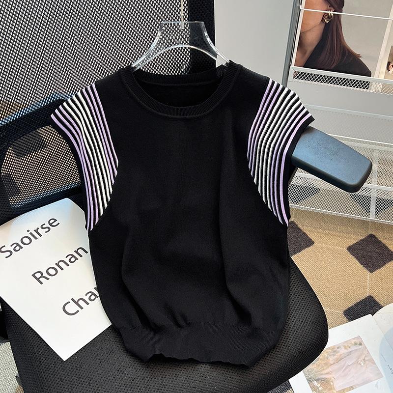 Women's Spliced Contrast Color Knitted Vest Summer Ice Silk Loose Sleeveless Korean Commute Thin Pullover Crew Neck T-shirt Tops