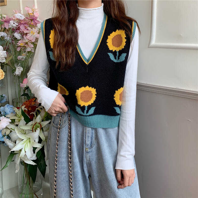 Retro kontrastní pletená vesta svetr slunečnicový top pletený dámská podzimní vesta pletená svetr svetr bez rukávů svetr do V s výstřihem