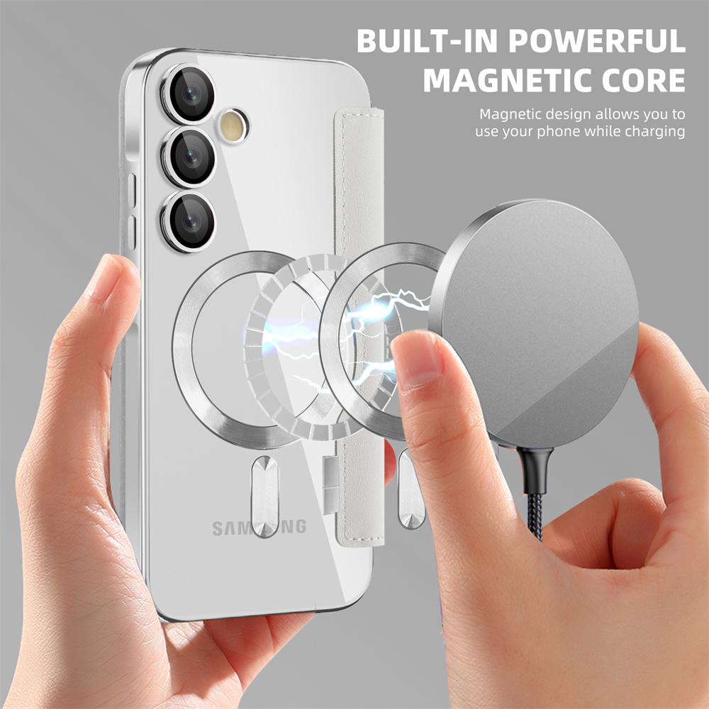 Flip Leather Card Slots Phone Case for Samsung S24 S23 Ultra FE S22 Plus A55 A35 5G for Magsafe Magnetic Plating Protection Cover