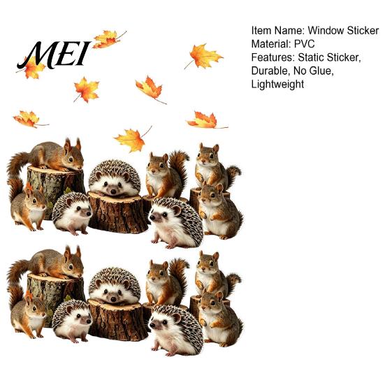 Forest Animal Window Film 2PCS Static Sticker, Squirrel And Hedgehog Printed, Autumn No Glue Glass Stickers Theme Waterproof PVC Decal, for