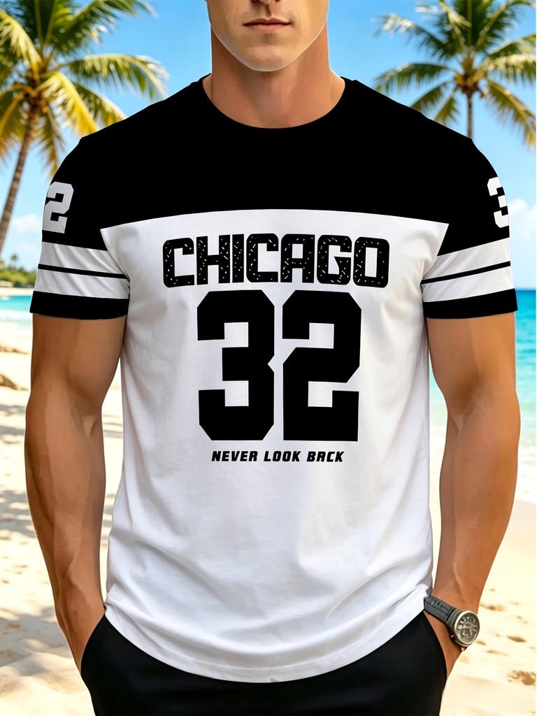 [Print Design - Not Textured] Men'S Size 32 Print T-Shirt, Soft Breathable Round Neck, All-Season Comfort, Sports Fan Outdoor Casual, Comfortable Fit