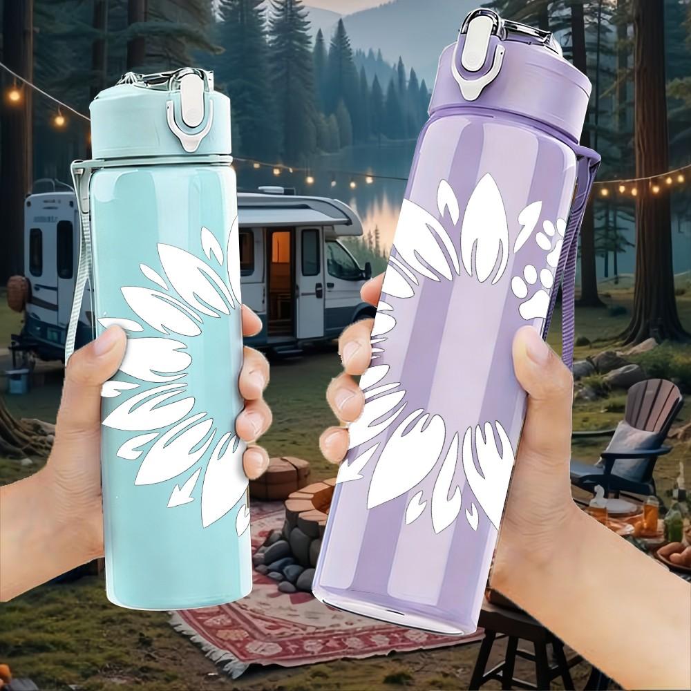 1PC White Hollow Sunflower Silhouette Print 750ml Color Plastic Sports Water Bottle Leakproof Flip Straw Lid Suitable for Sports Office Home Use