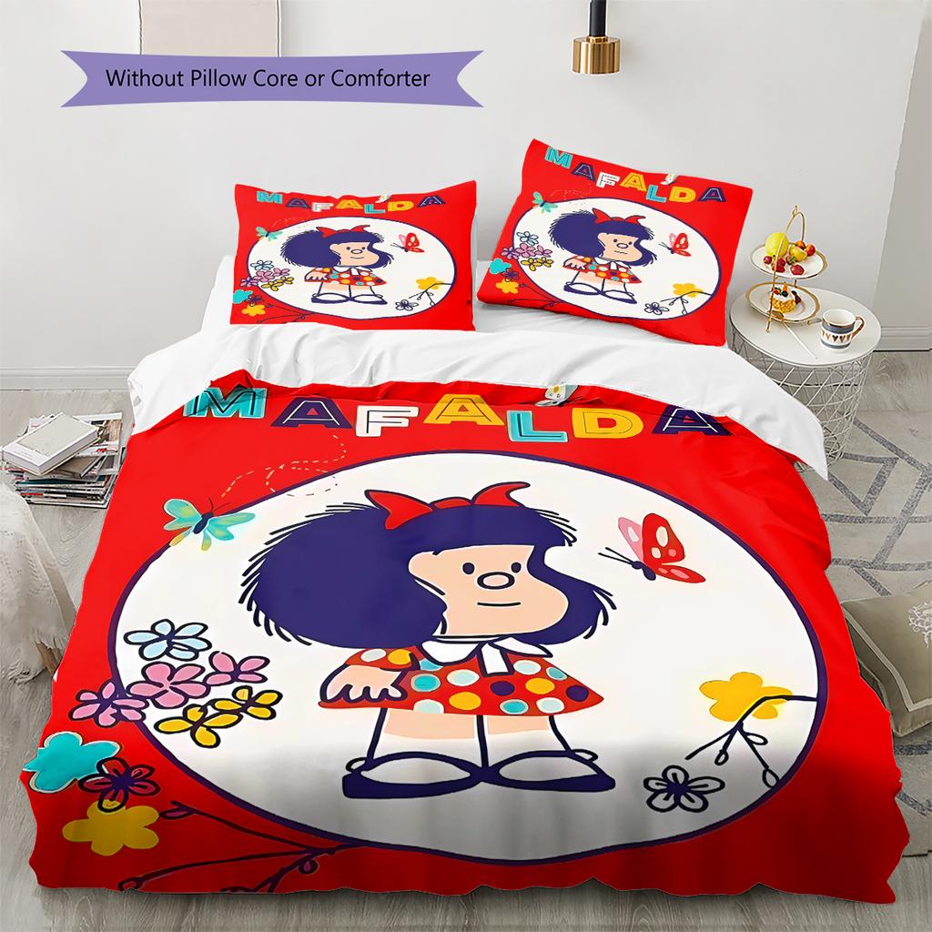 Pościel z wzorem Mafaldy, Zestaw kołdry Poszewka na kołdrę Poszewka na poduszkę Domowy prezent urodzinowy (1 * poszwa na kołdrę + 2 * poszewki na poduszki, bez rdzenia)