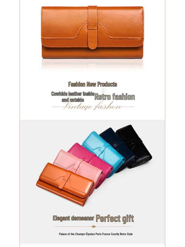 Women's Tri-Fold Genuine Leather Wallet: Large Capacity, Multiple Card Slots, Korean Style Coin Purse with Clasp.