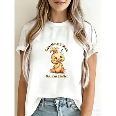 T-shirt Mignon Imprimé Canard Blanc Canard Cartoon Avec Texte Parfois Je Pense Mais Ensuite J'oublie Haut Décontracté d'Été Pour Femmes
