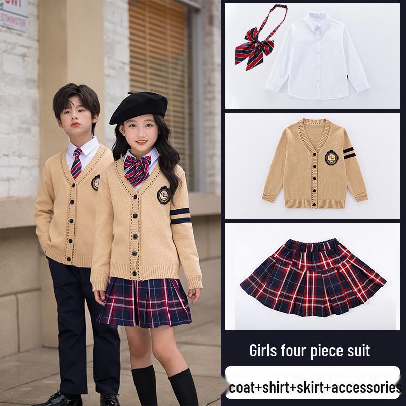 Children's British School Cardigan Three-Piece Set: Spring/Autumn Uniform for Primary and Kindergarten
