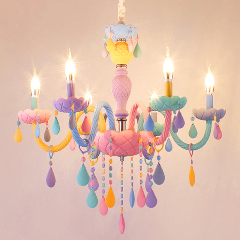 Crystal Led Chandelier European Candle Lustre Restaurant Bedroom Children Room Light American Girl Princess Makaron Pendant Lamp