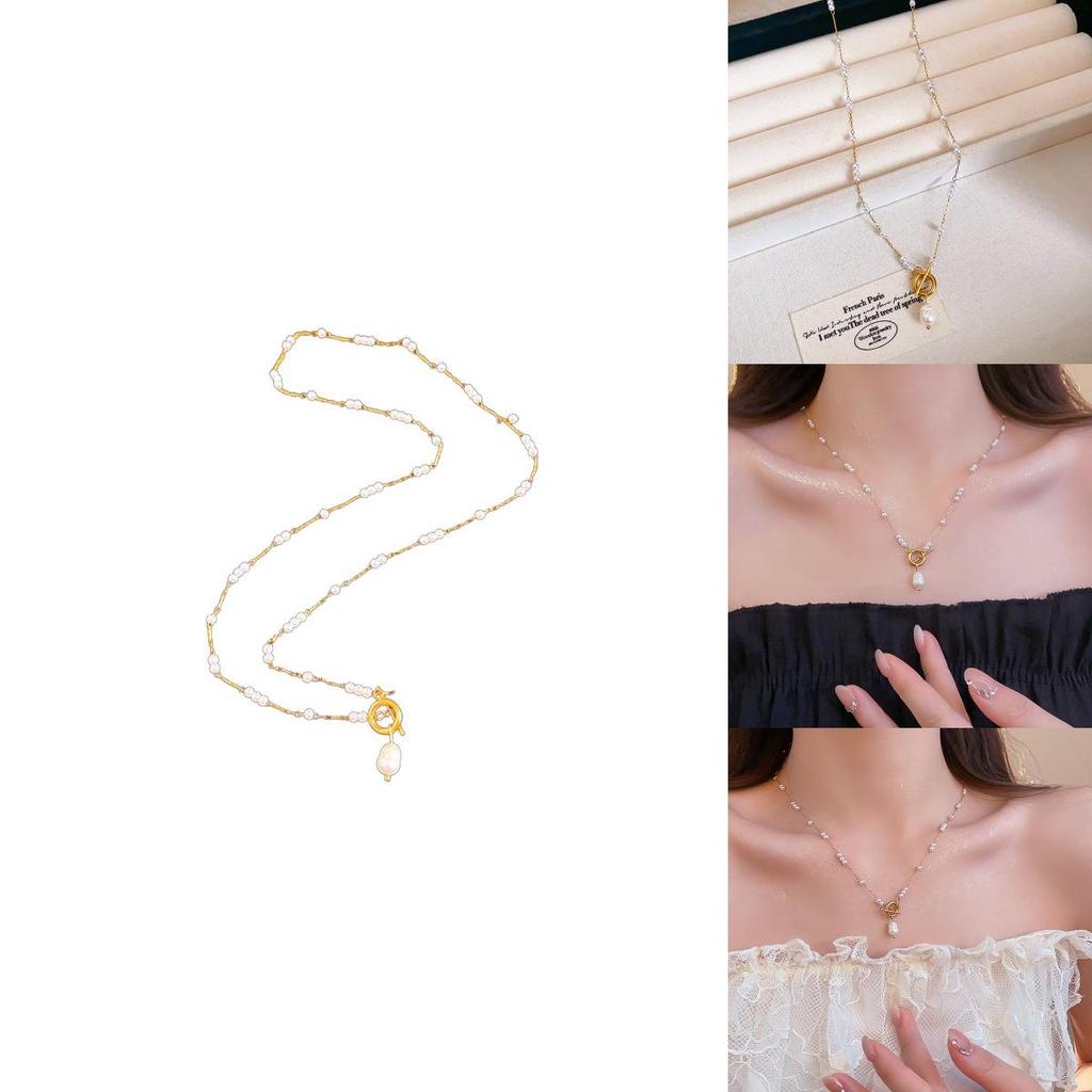 Titanium Steel Elegant Pearl Choker Chain With Geometric Shape For Ladies