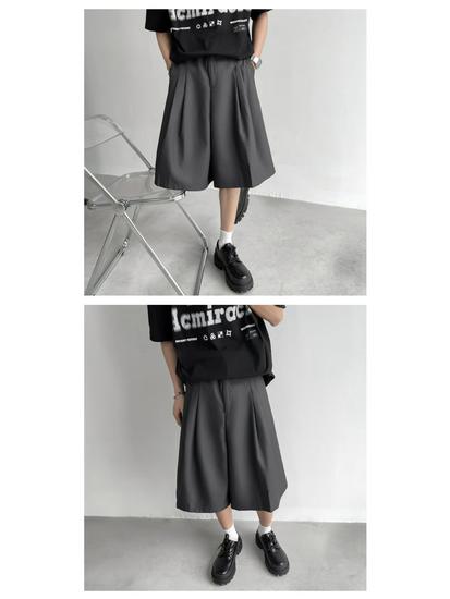 Unisex černé šortky s vysokým pasem áčkového střihu střední délky se širokými nohavicemi - Letní lehké, zeštíhlující, ležérní pětibodový design