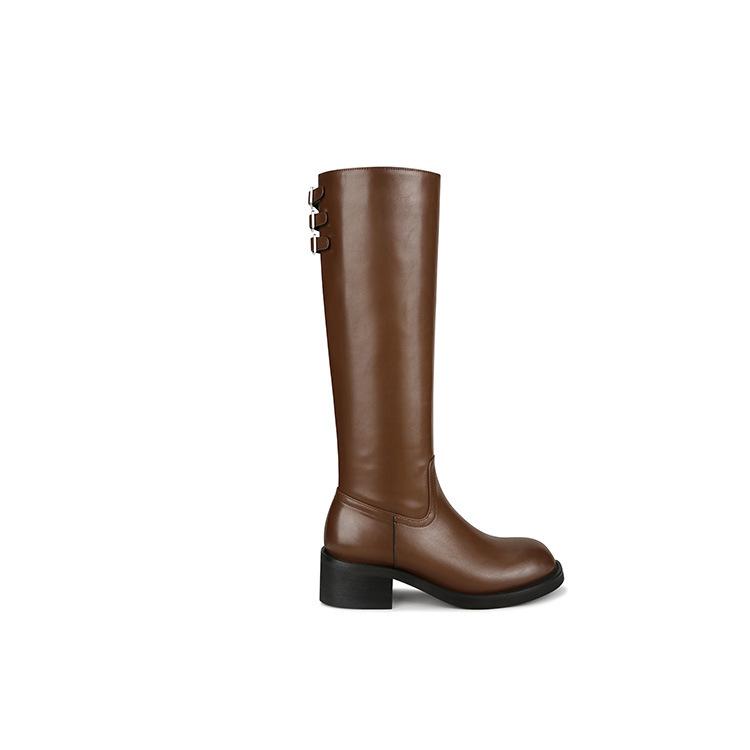 New spot Seoul scheming boots~ belt buckle side zipper thick heel high boots women's 2025 new velvet ride