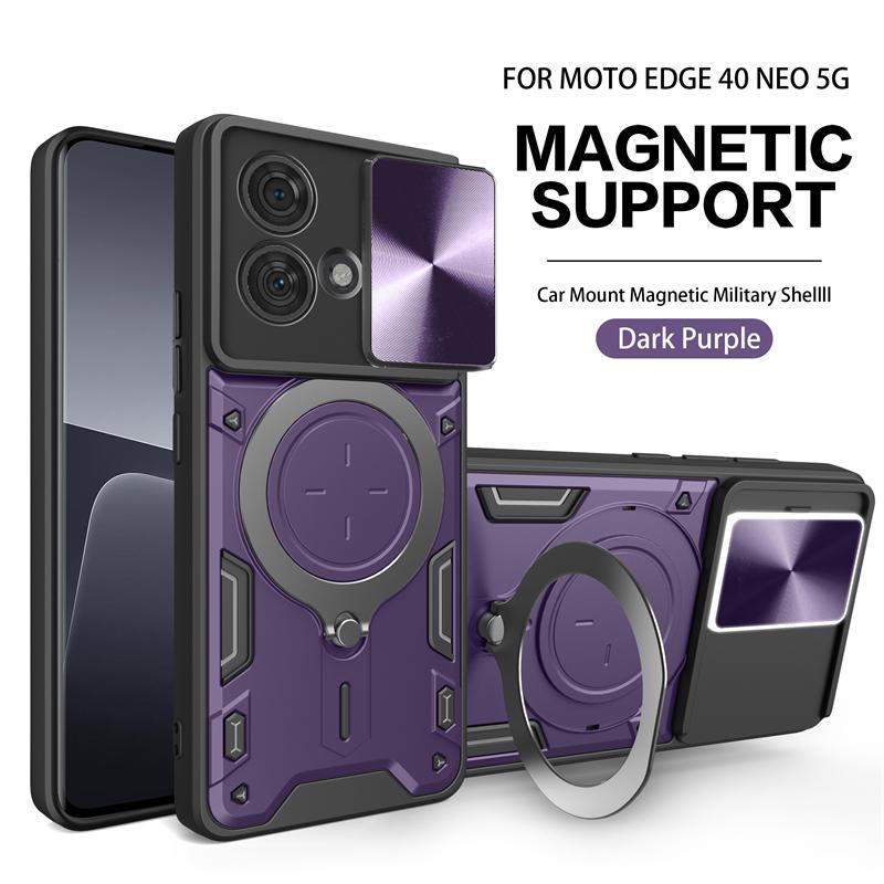 For Motorola Edge 40 Neo Case Slide Camera Lron Ring Protection Stands Kickstand Phone Case For Moto Edge 40 Neo 5G Back Cover