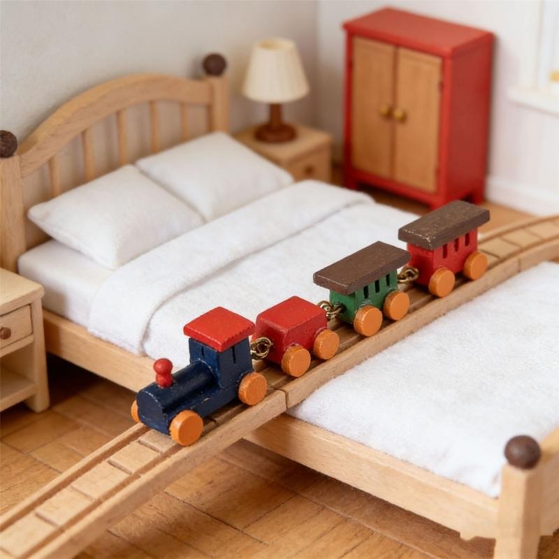 1/12 Miniature Wood Train Toy with Vibrancy Color Carriages and Metal Hooks for Doll House Scene Display Enhancement