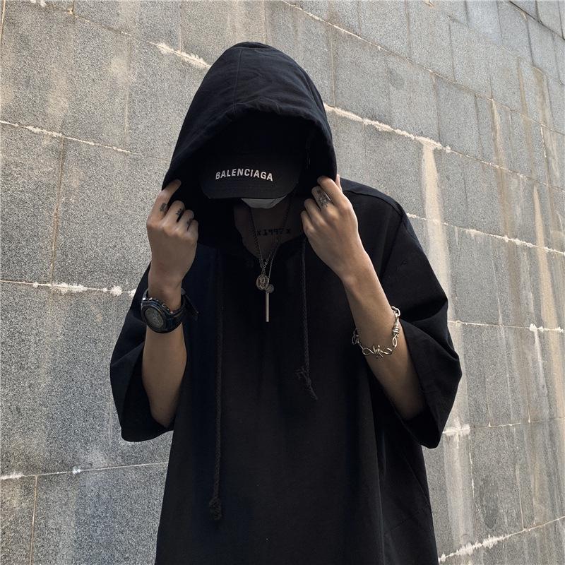 Dark Trendy Oversized Men's Hip-Hop Hooded Short-Sleeve Korean Style T-Shirt