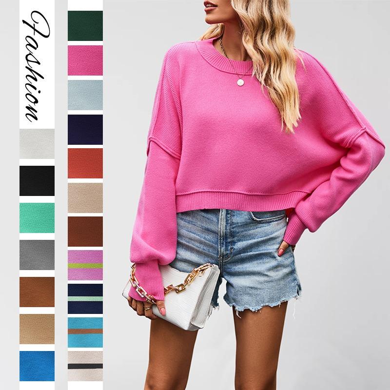 European and American New Women's Fashion Round Neck Knitted Sweater Solid Color Loose Pullover Sweater