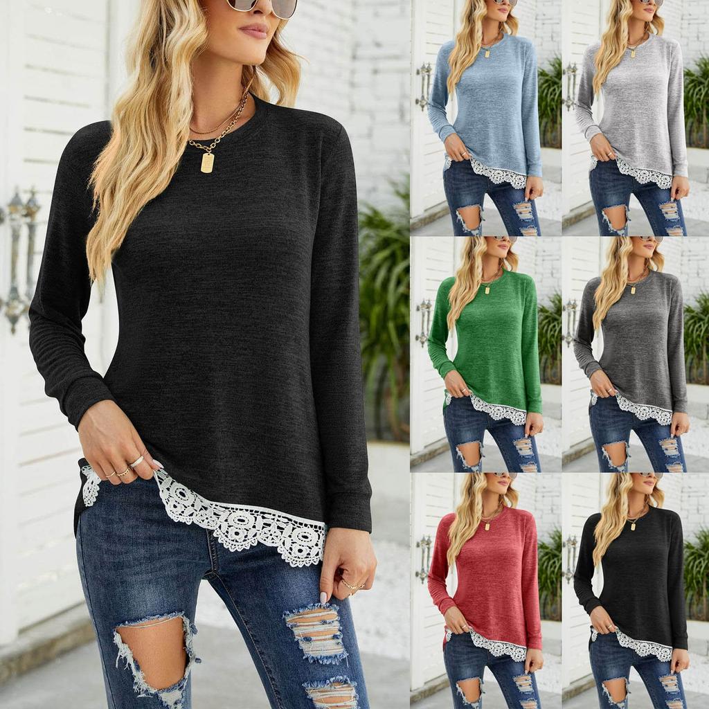 Women's Autumn/winter Fashion Round Neck Loose Casual Pullover Pocket Lace Stitching Top