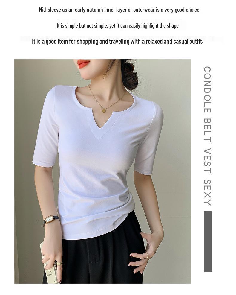 Women's Pure Cotton Slim Fit V-Neck Short Sleeve T-Shirt - Versatile for Spring, Autumn, and Winter