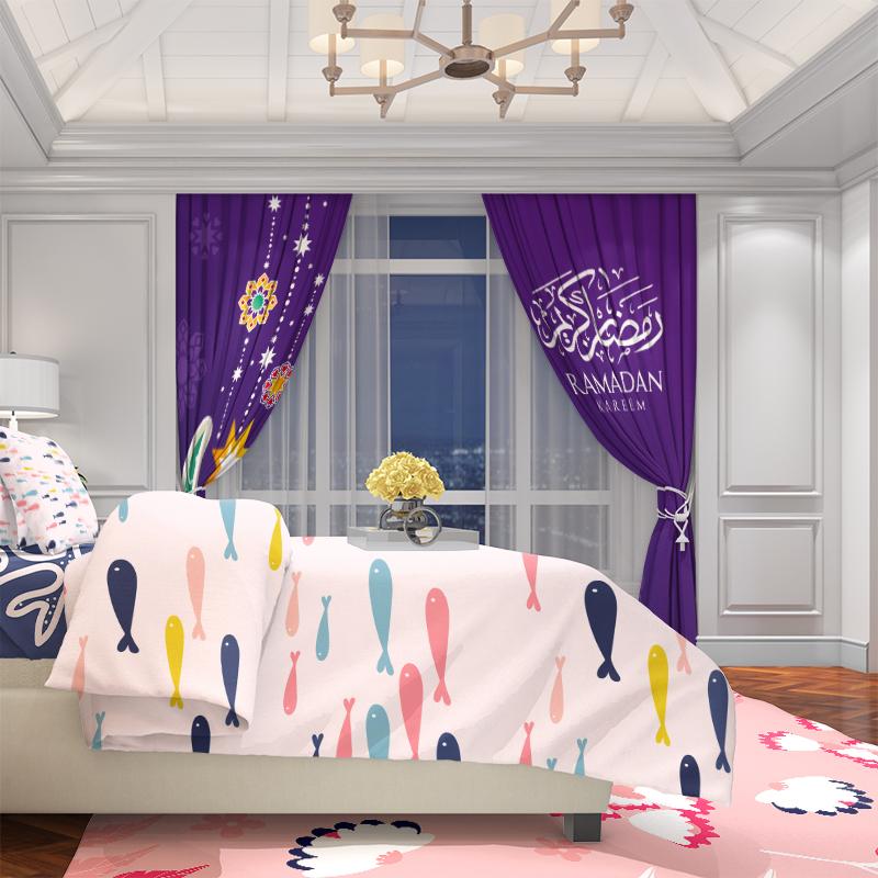2PCS- Ramadan Auspicious - Moon - Blessing Ramadan - Printed Curtain - Polyester Material - Suitable for Bedroom, Living Room,