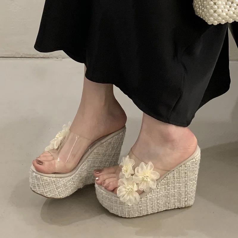 Fashion Eilyken Summer Open Toe Platform Wedges Slippers Women Fashion Flower PVC Transparent Thick Bottom Heels Slide Shoes