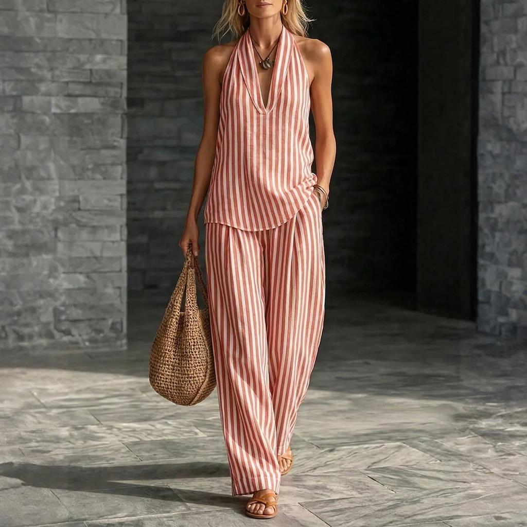 Women Linen V Neck Sleeveless Top and Wide Leg Pants Set Casual Loose Fit Striped Two Piece Outfit for Daily Wear