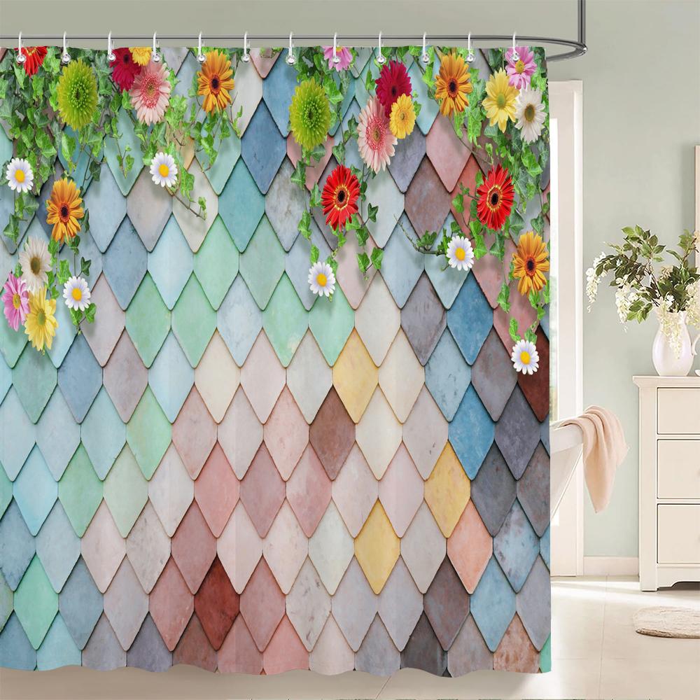 Flower Scenery In Rural Towns Printed Shower Curtain 3D Street Window Flower Landscape Printed Home Decoration Bathroom Curtain