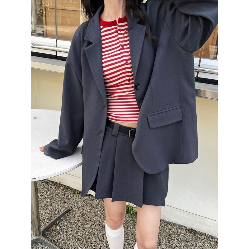 Johnature Korean Casual Suit Two-piece Women Sets Autumn Patchwork Blazer Pleated Skirt Fashion Women Sets