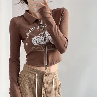 2KWEIRD Písmeno Dámské Tričko Korejský Zip Crop Top Podzimní Dlouhý Rukáv Trička Polo Americké Retro Trička Femme Y2k Vintage Oblečení