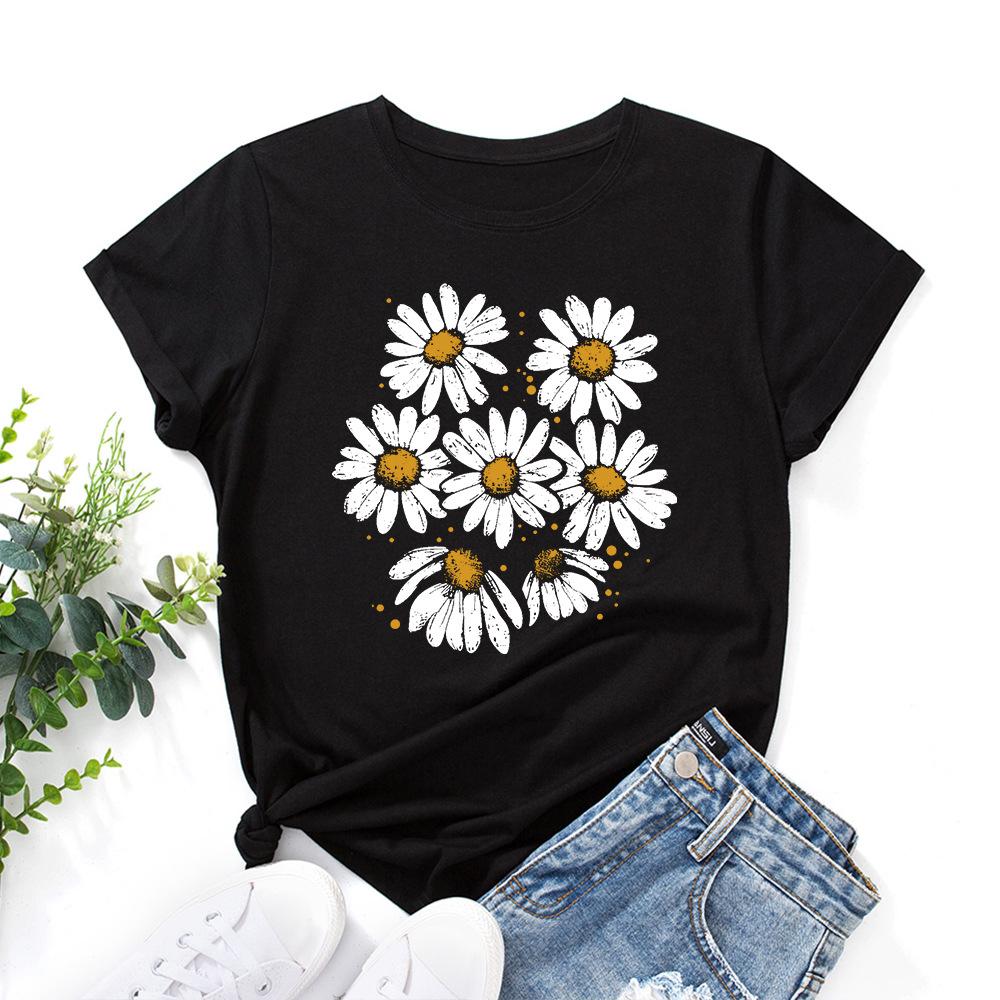 Casual Flowers Cotton T-Shirt Short Sleeve Round Neck Women 2d Print Tops
