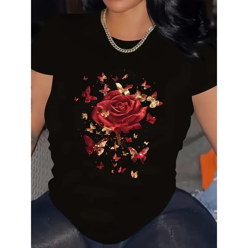 

Женская футболка большого размера с цветочным принтом в виде роз, с круглым вырезом, удобная, можно стирать в машине, повседневный топ для любого сезона S чёрный