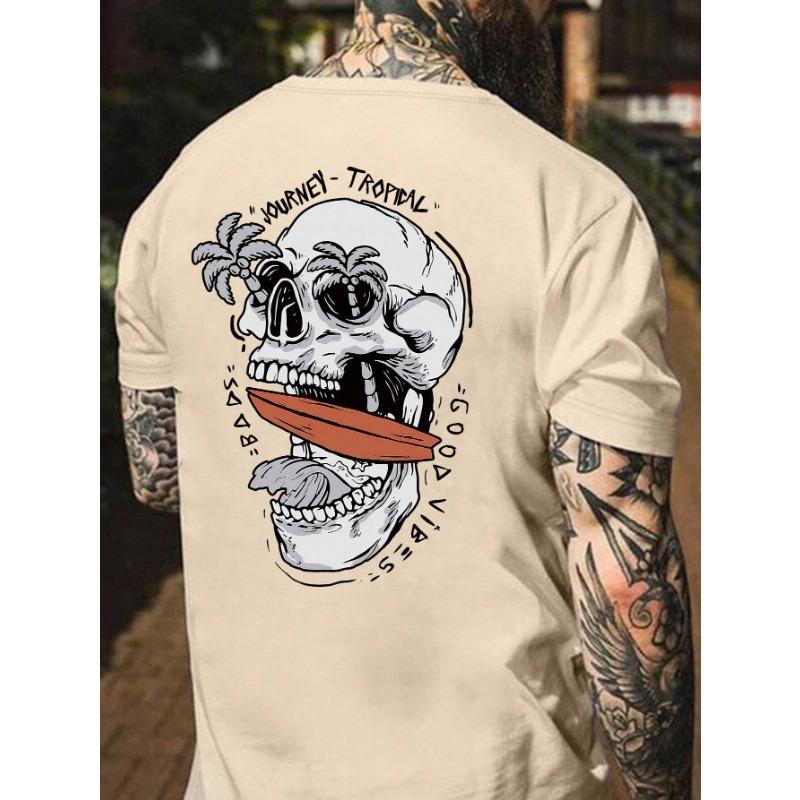 Summer Men's 100% Cotton Casual Loose Plus Size Personalized Skull Pattern Printed Round Neck Short Sleeved T-shirt Top
