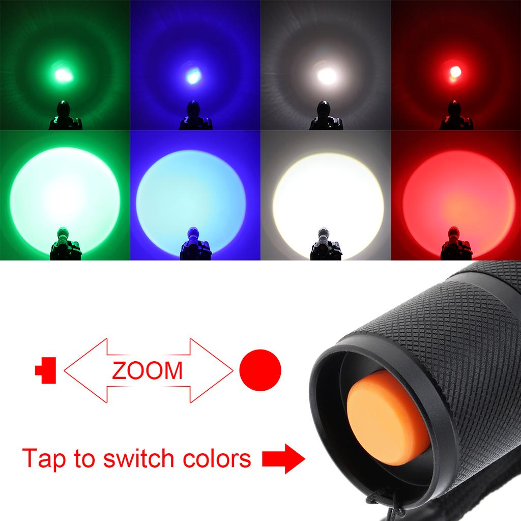 Lampe Torche LED Ultra Puissante – Zoom, Étanche, 5 Couleurs (Rouge, Bleu, Vert, Blanc) – Neuve