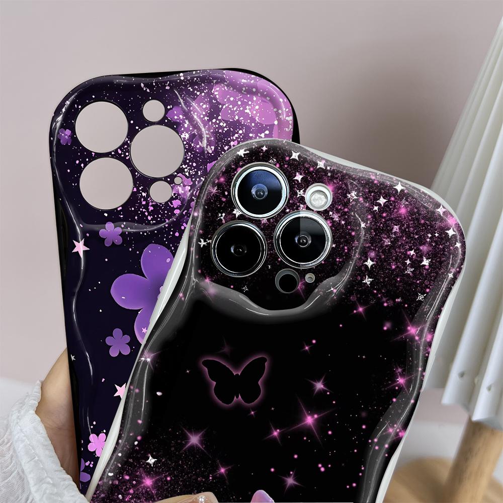 For iPhone 16 15 14 13 12 Samsung S24 S23 S22 A06 A13 A14 A15 A16 A55 Redmi Note 13 12 Fashion Star Flowers Cream Texture Wavy Edge Soft Phone Case