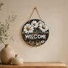 Floral Pattern Wood Sign Wooden Daisy Welcome for Front Door, Rustic Farmhouse Hanging Wall Decor Indoor Outdoor with Hemp Rope, Plaque Home Entrance